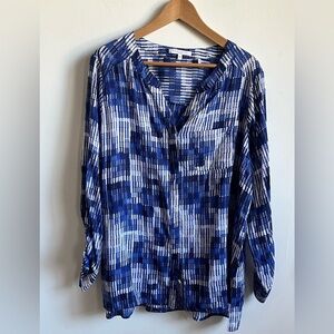 Foxcroft Easy Care Women's Size 16W Blue White Abstract Print Long Sleeved Blous